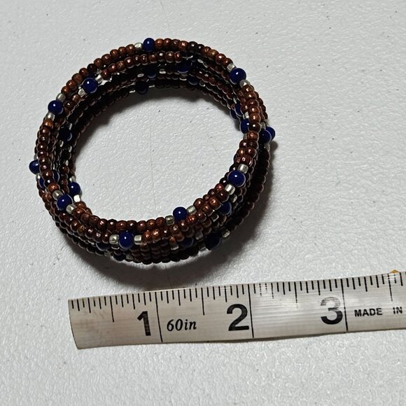 Handmade Boho Brown Blue Seed Beaded Multi Strand Coil Bracelet Retro Fashion - Picture 5 of 5